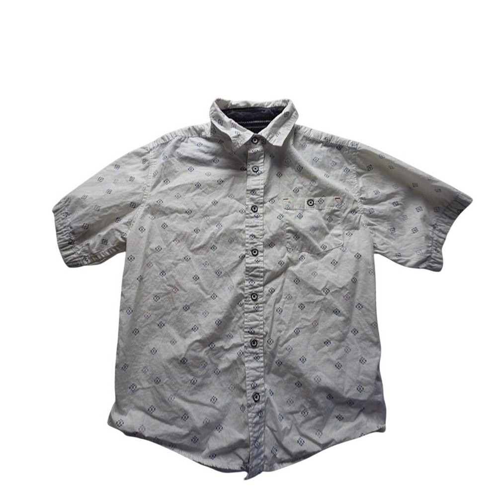 Distortion Boys White Blue Geometric Print Short Slv Button Down shirt Med 10-12